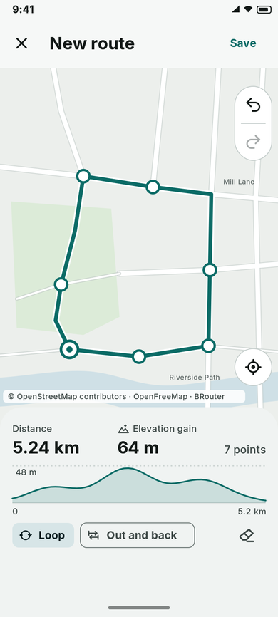 Route builder with a planned loop on the map