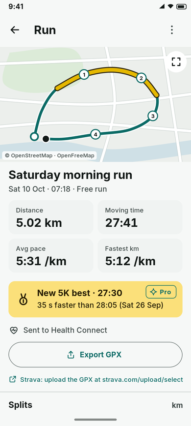 Finished run with route shown on the map